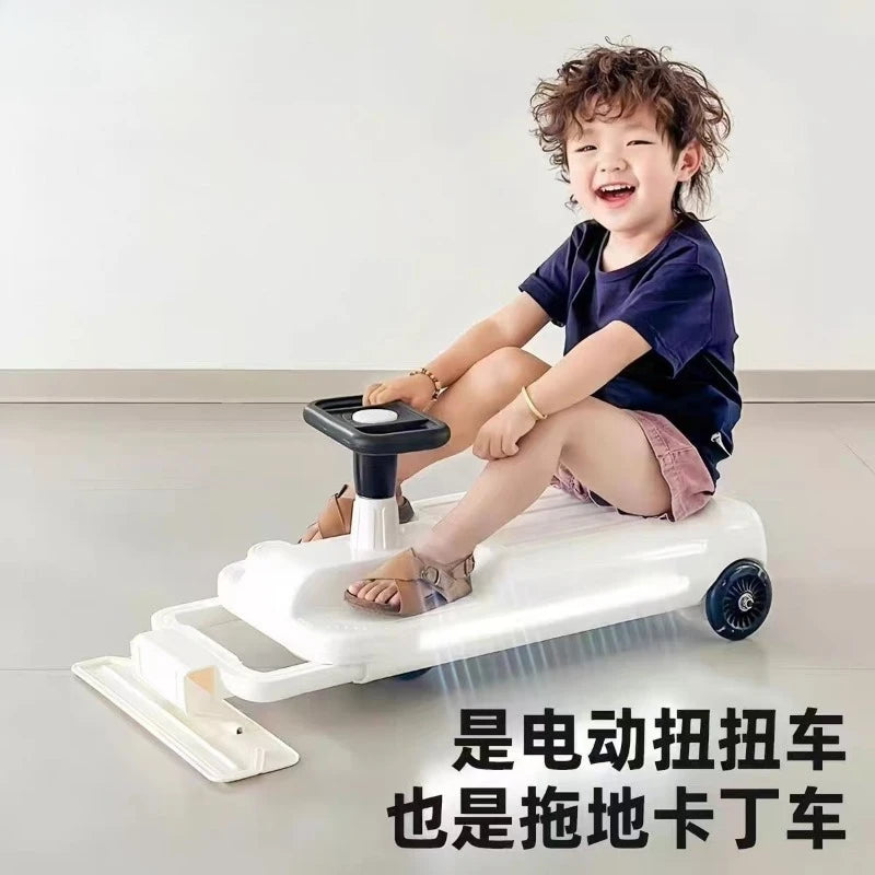 Kids Electric Swing Car Rechargeable Anti Roll Over Drift Kart Ride On Toy Supports Adults Indoor Floor Dragging Scooter Vehicle