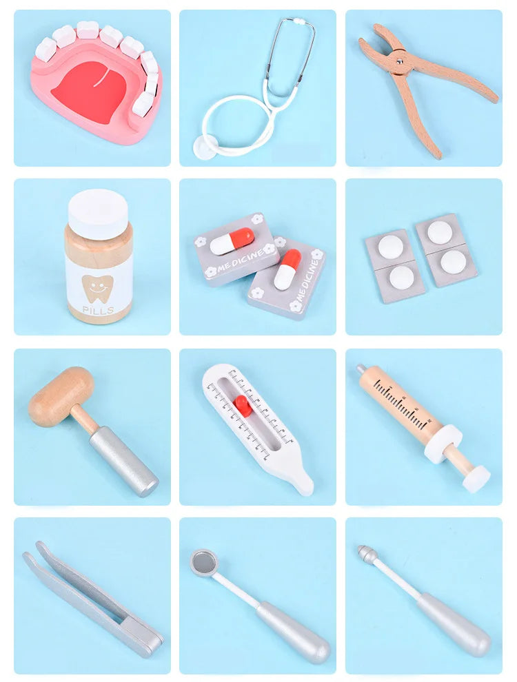 Pretend Play Doctor Toys Wooden Simulation Dentist Check Brush Teeth Medicine Set Role Playing Educational Toys For Children Kid