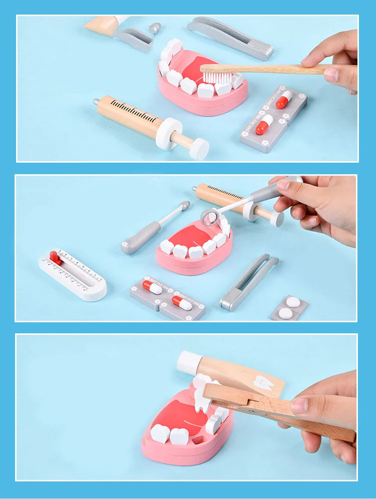 Pretend Play Doctor Toys Wooden Simulation Dentist Check Brush Teeth Medicine Set Role Playing Educational Toys For Children Kid