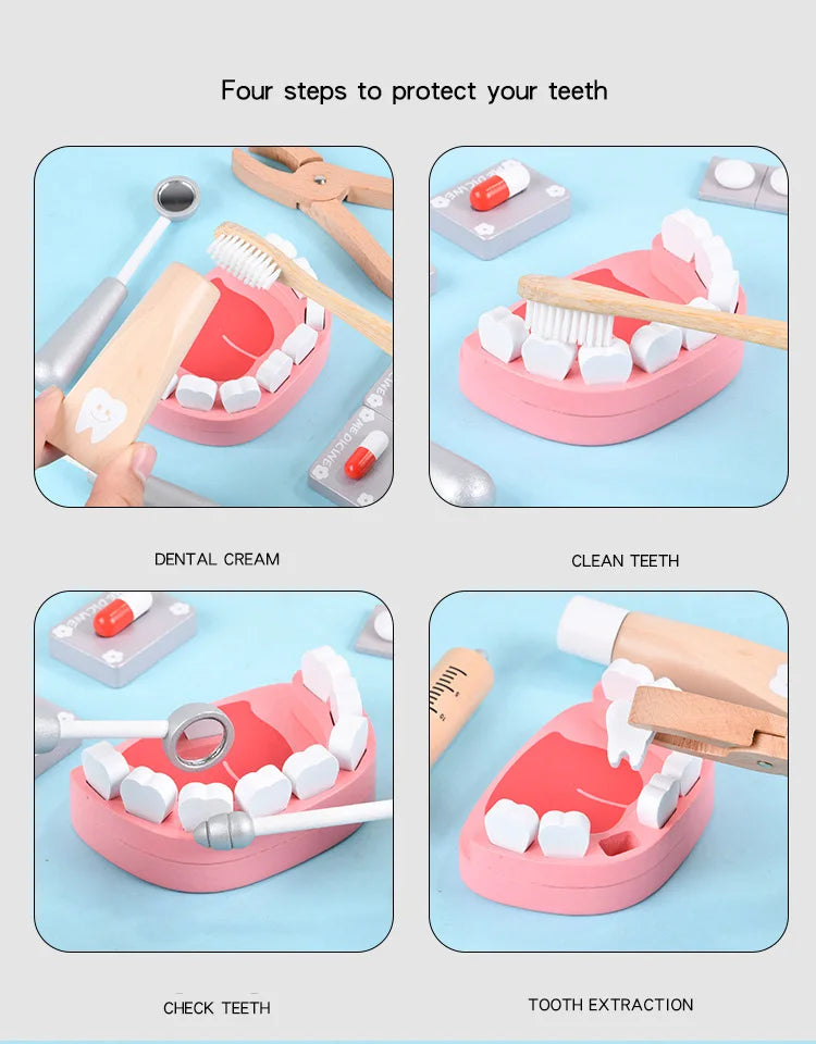 Pretend Play Doctor Toys Wooden Simulation Dentist Check Brush Teeth Medicine Set Role Playing Educational Toys For Children Kid