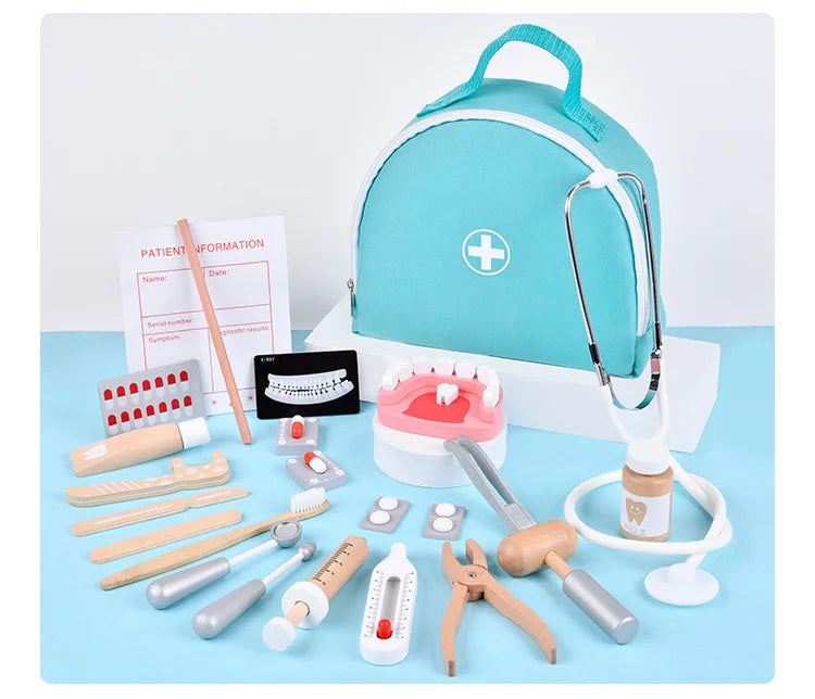 Pretend Play Doctor Toys Wooden Simulation Dentist Check Brush Teeth Medicine Set Role Playing Educational Toys For Children Kid