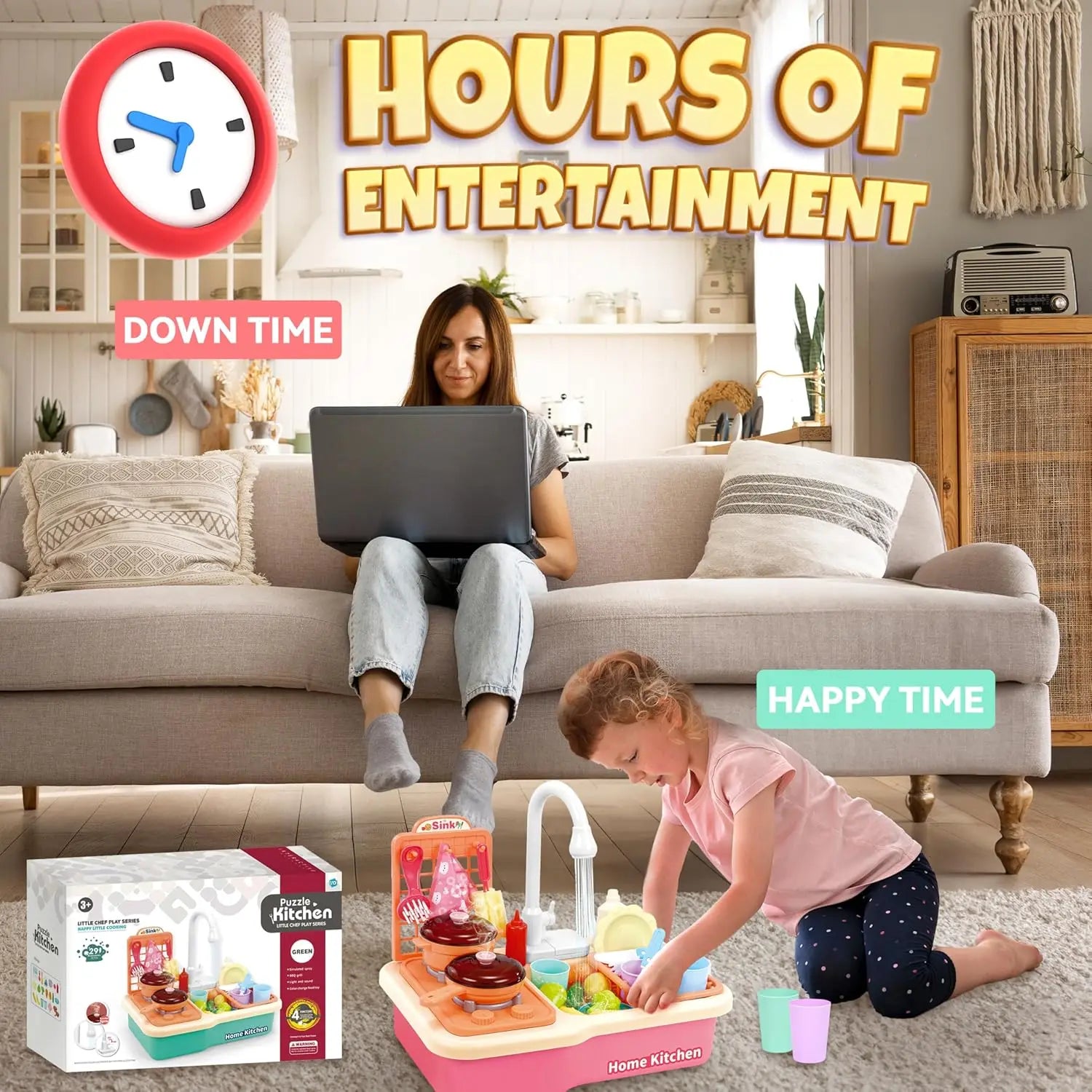 Toddlers Pretend Play Kitchen With Running Water,  Girls Electric Faucet Playset With Stove, Pot, Pan, Play Food, Birthday Gifts