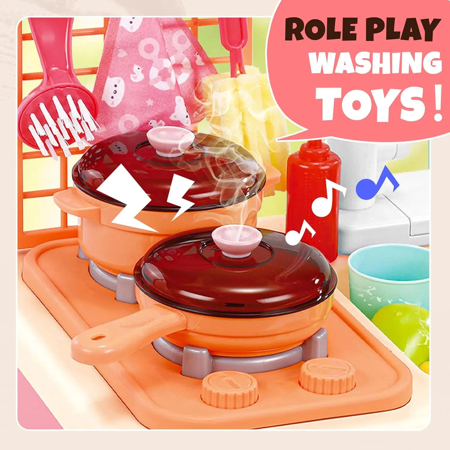 Toddlers Pretend Play Kitchen With Running Water,  Girls Electric Faucet Playset With Stove, Pot, Pan, Play Food, Birthday Gifts