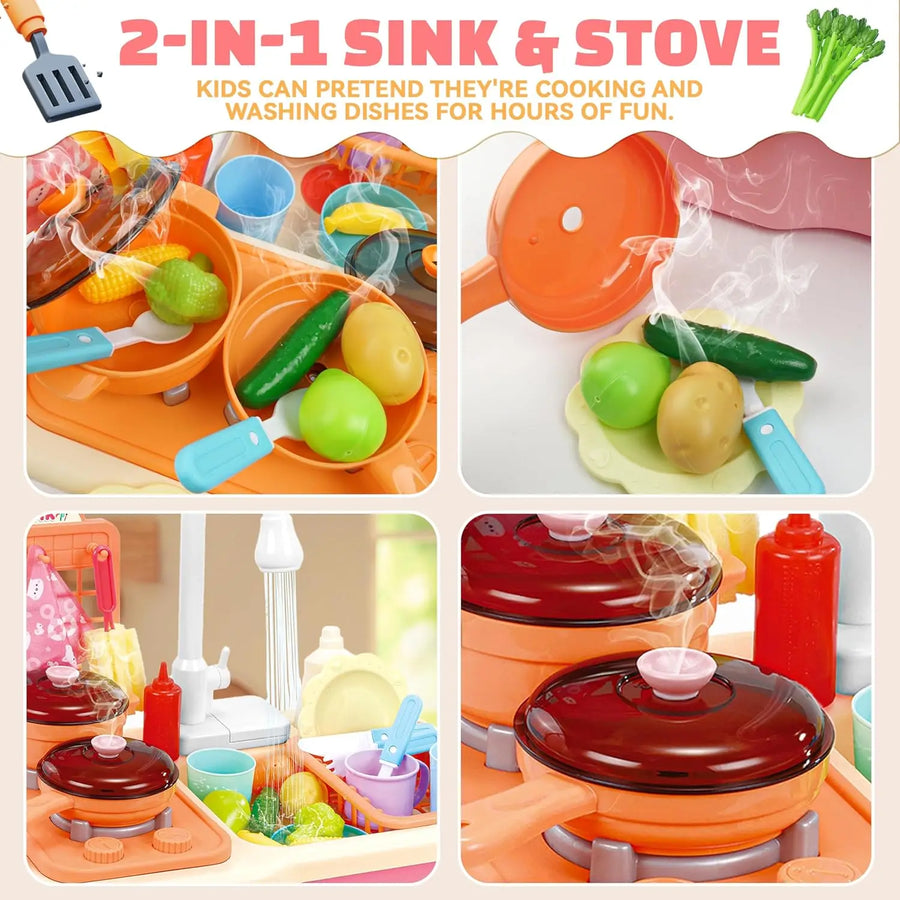 Toddlers Pretend Play Kitchen With Running Water,  Girls Electric Faucet Playset With Stove, Pot, Pan, Play Food, Birthday Gifts