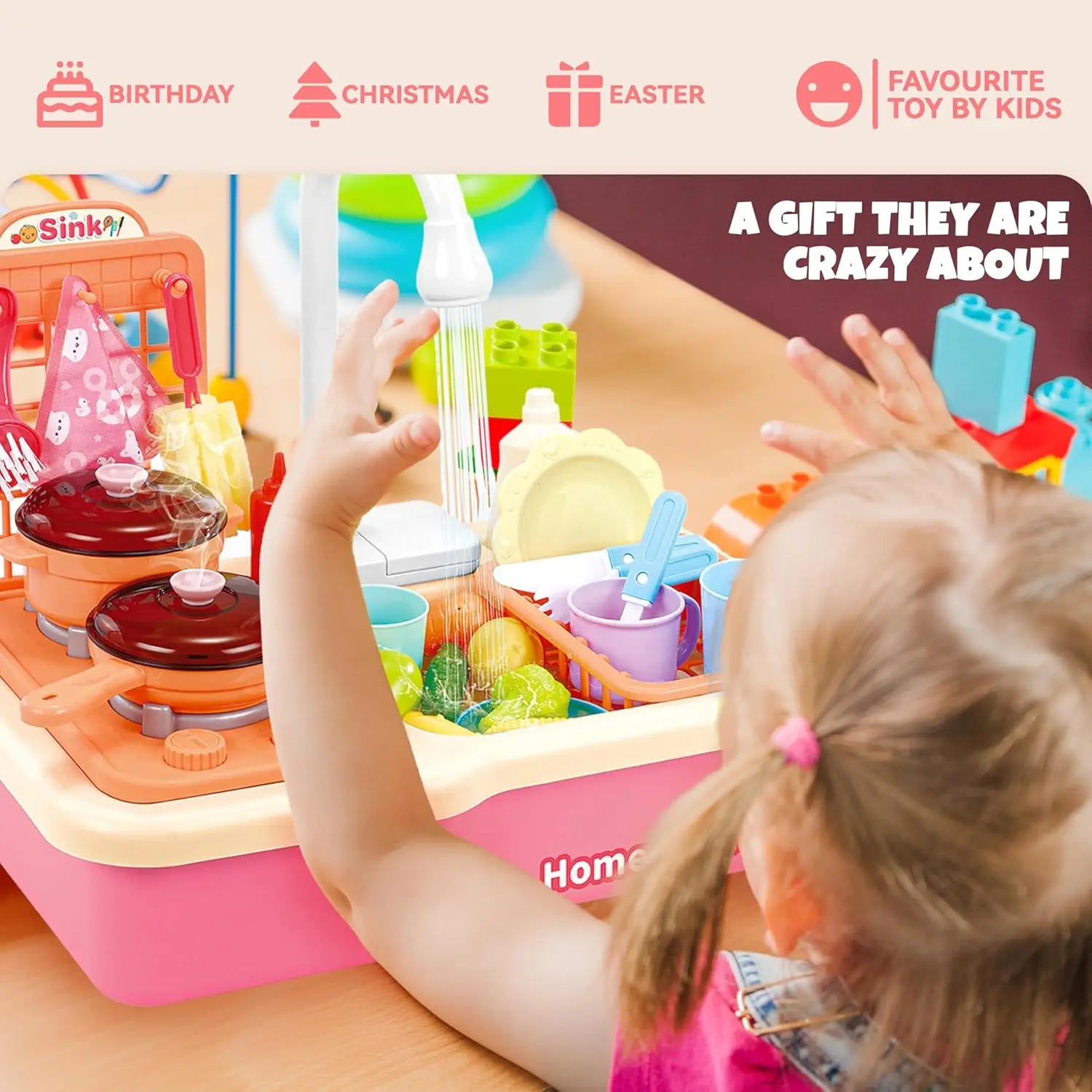 Toddlers Pretend Play Kitchen With Running Water,  Girls Electric Faucet Playset With Stove, Pot, Pan, Play Food, Birthday Gifts