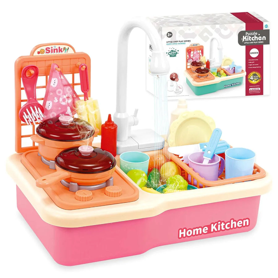 Toddlers Pretend Play Kitchen With Running Water,  Girls Electric Faucet Playset With Stove, Pot, Pan, Play Food, Birthday Gifts