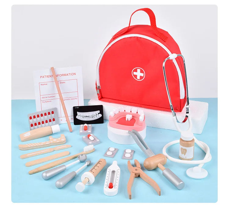 Pretend Play Doctor Toys Wooden Simulation Dentist Check Brush Teeth Medicine Set Role Playing Educational Toys For Children Kid