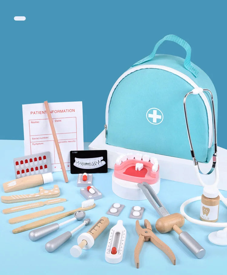Pretend Play Doctor Toys Wooden Simulation Dentist Check Brush Teeth Medicine Set Role Playing Educational Toys For Children Kid
