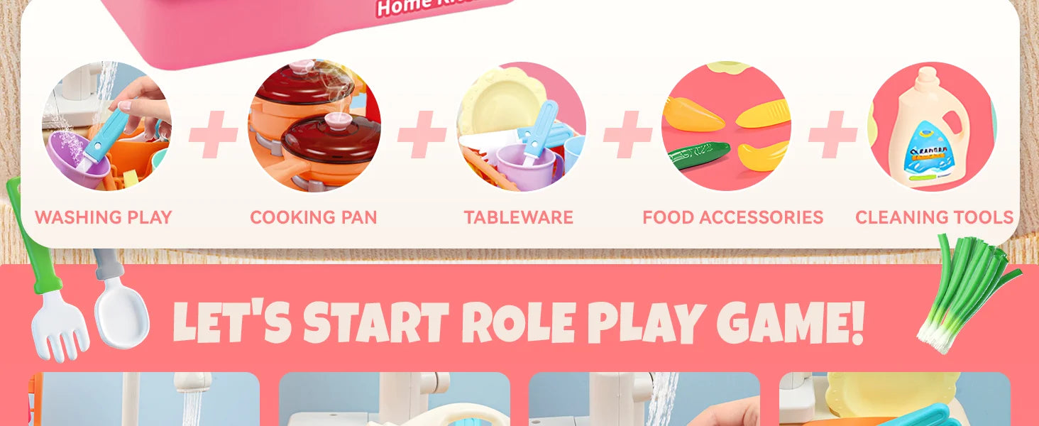 Toddlers Pretend Play Kitchen With Running Water,  Girls Electric Faucet Playset With Stove, Pot, Pan, Play Food, Birthday Gifts