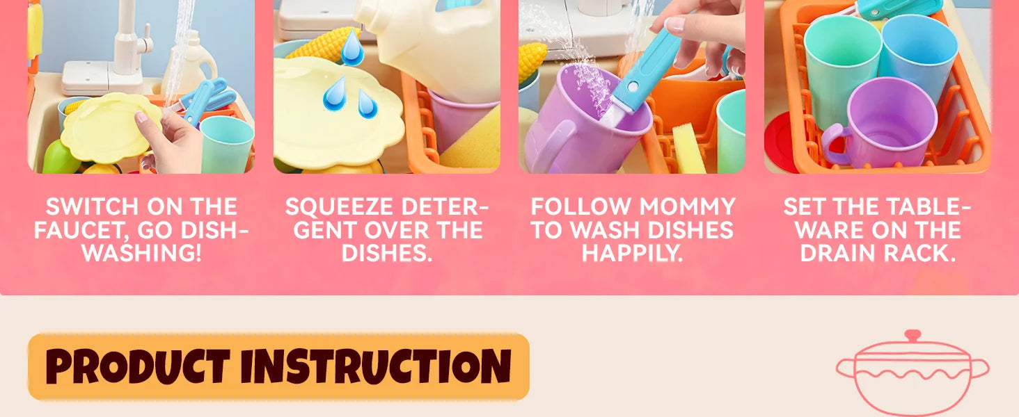 Toddlers Pretend Play Kitchen With Running Water,  Girls Electric Faucet Playset With Stove, Pot, Pan, Play Food, Birthday Gifts