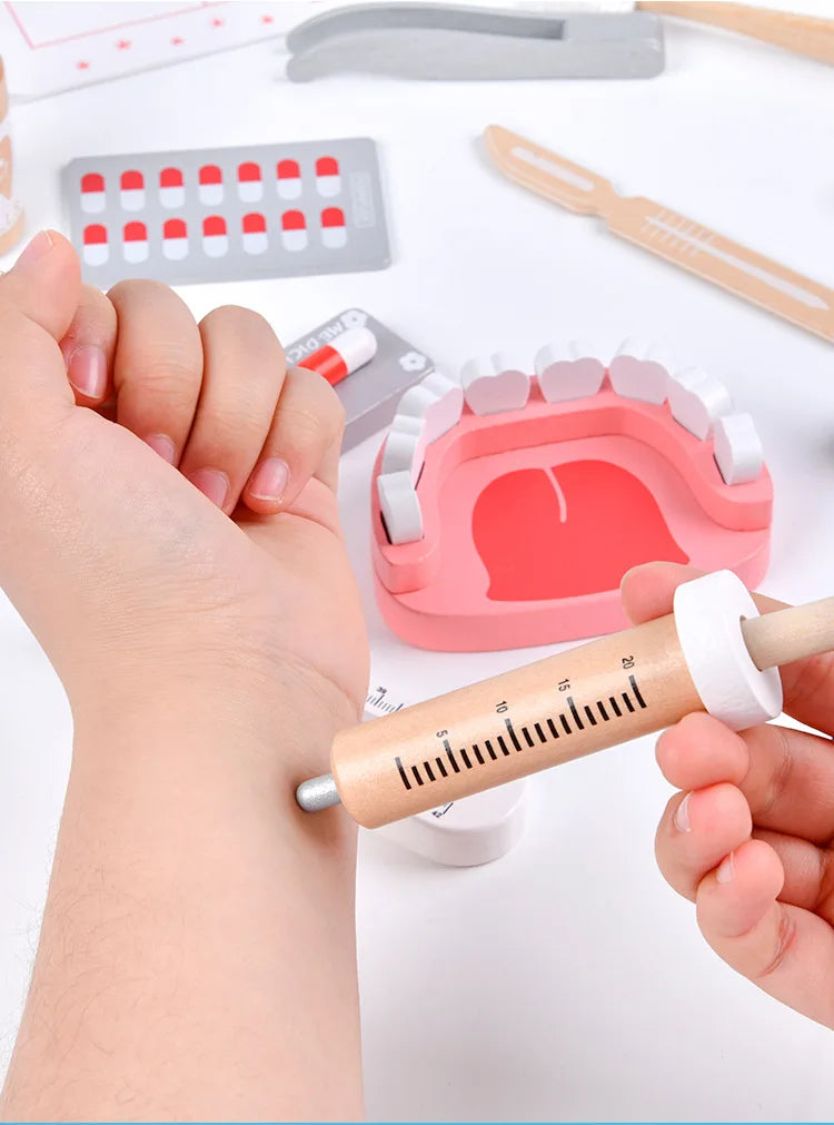 Pretend Play Doctor Toys Wooden Simulation Dentist Check Brush Teeth Medicine Set Role Playing Educational Toys For Children Kid