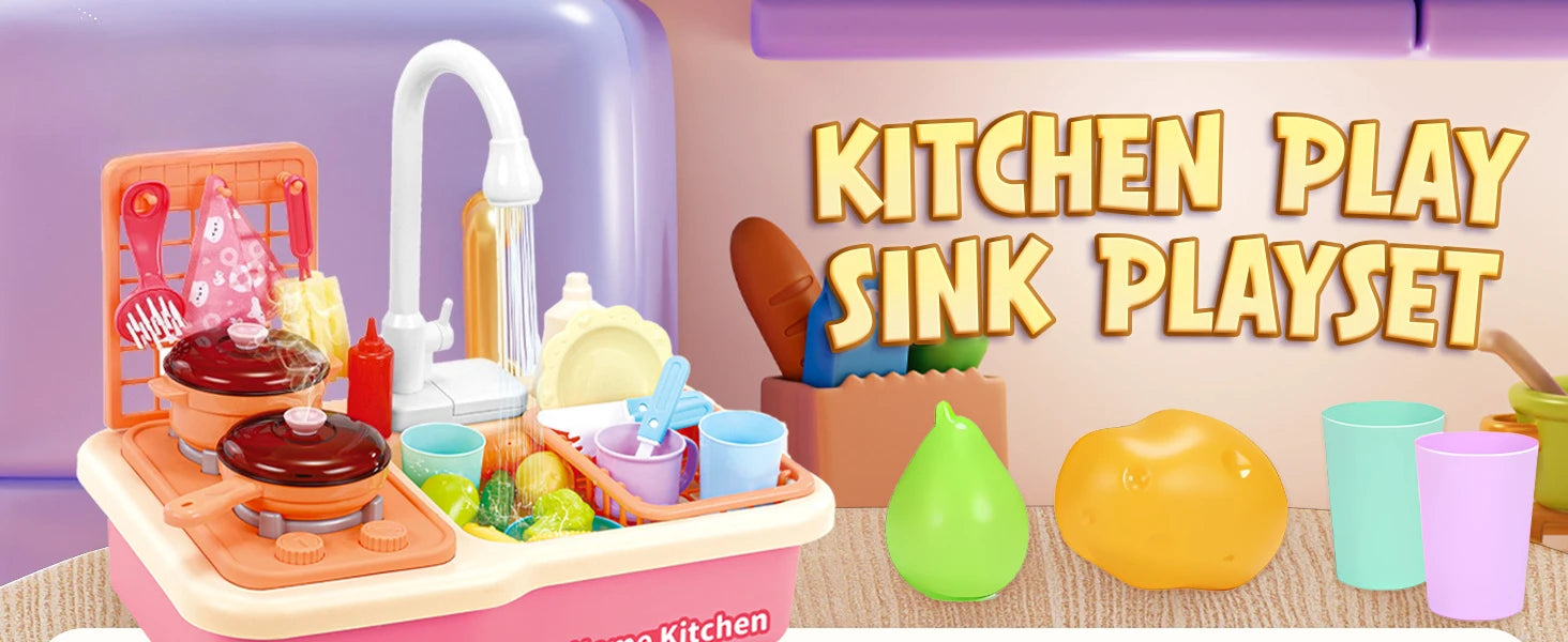 Toddlers Pretend Play Kitchen With Running Water,  Girls Electric Faucet Playset With Stove, Pot, Pan, Play Food, Birthday Gifts