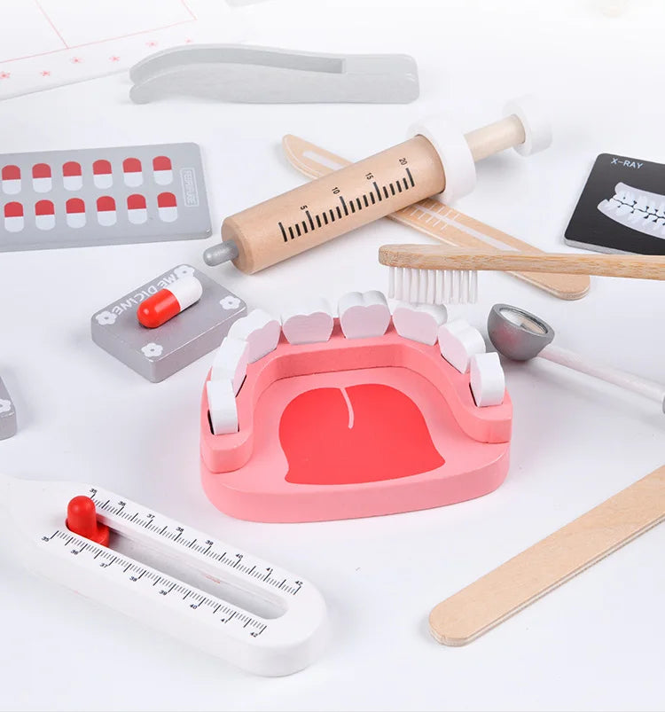Pretend Play Doctor Toys Wooden Simulation Dentist Check Brush Teeth Medicine Set Role Playing Educational Toys For Children Kid