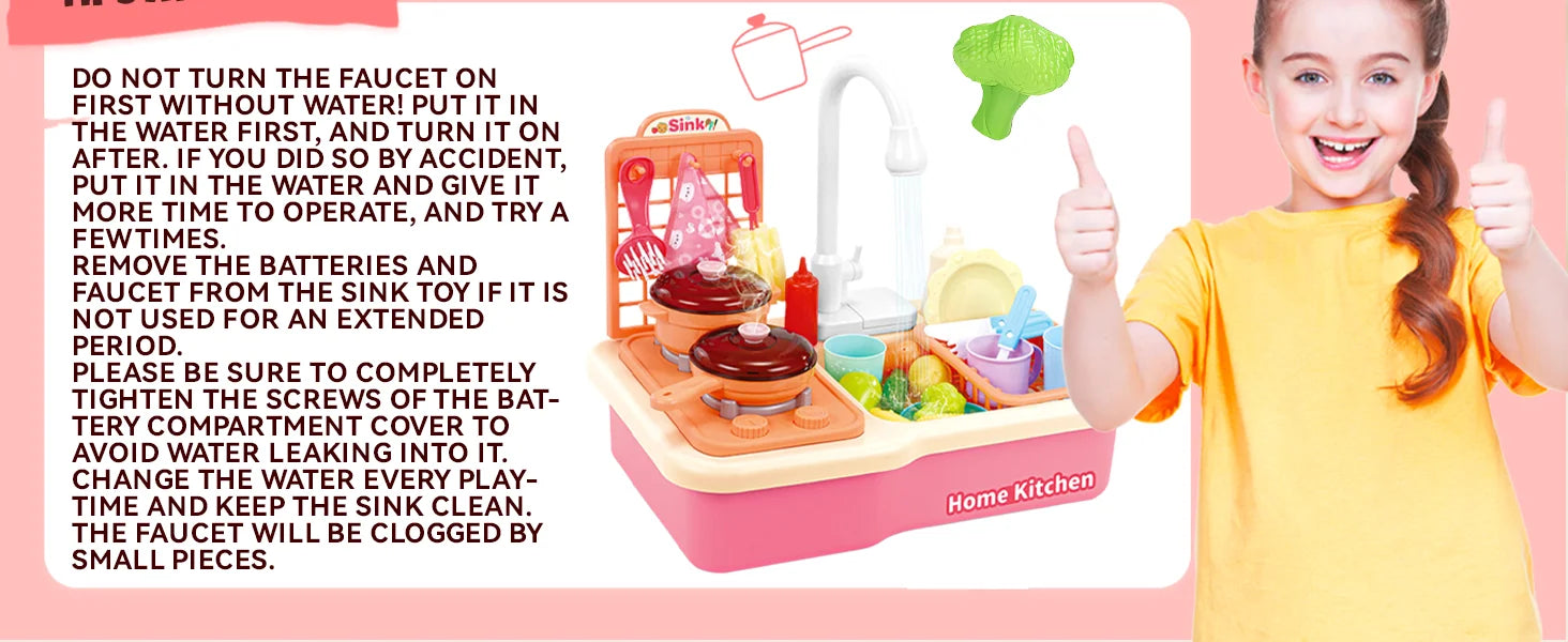 Toddlers Pretend Play Kitchen With Running Water,  Girls Electric Faucet Playset With Stove, Pot, Pan, Play Food, Birthday Gifts